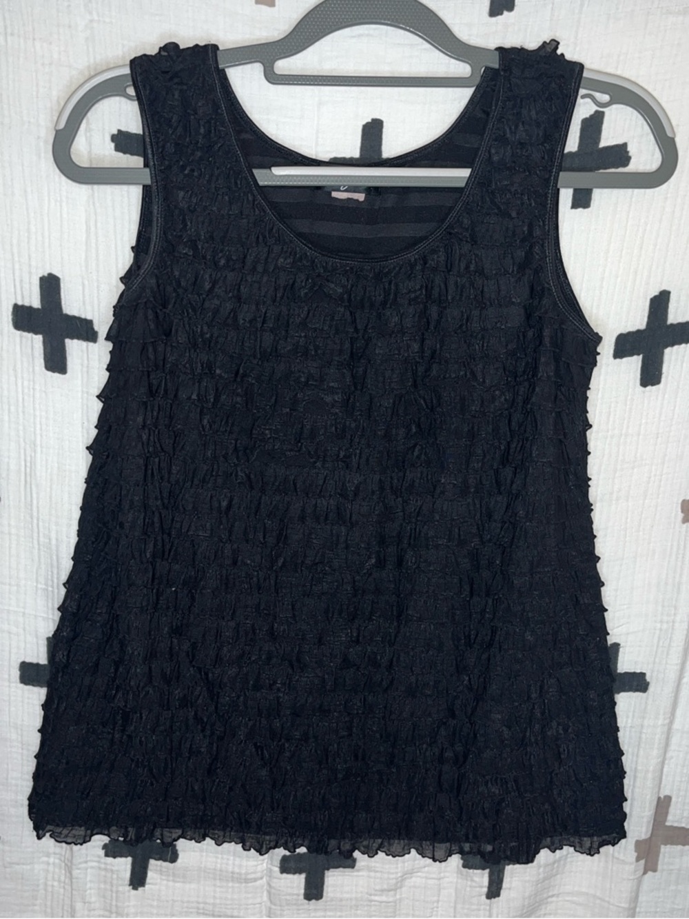 Women's Black Textured Ruffle Tank Top